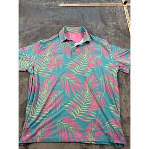 Birdie & Bound Men's XL Teal Pink Yellow Palm Leaf Tropical Golf Polo Shirt